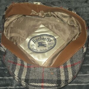 Burberry Gray Plaid Wool Flat Cap with Leather Trim